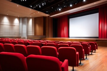 Fototapeta premium Empty Theater Interior with Red Seats and Stage Ready for Performance