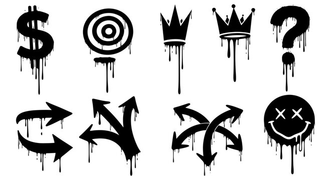 A collection of black graffiti-style icons with dripping paint effect, including dollar sign, target, crowns, question mark, arrows, and a distressed smiley face.