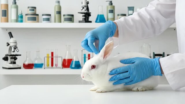 Scientist in blue gloves gently examining a white rabbit with red eyes on a laboratory table, surrounded by various scientific equipment in a bright lab setting.
