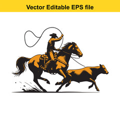 Cowboy Lassoing Cow Vector Illustration on White Background