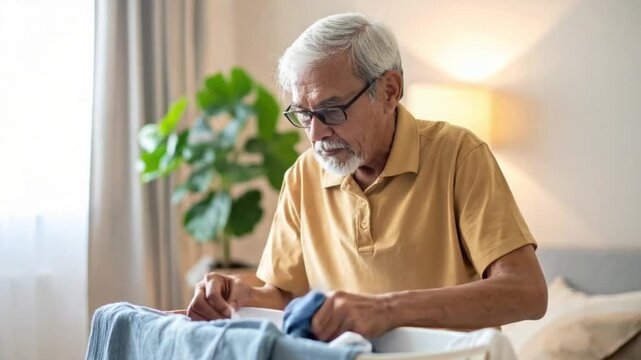 Senior man with glasses folding clean laundry at home, engaging in a daily chore.