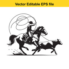 Cowboy Lassoing Cow Vector Illustration on White Background