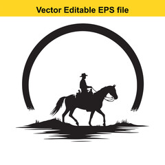 Cowboy Riding Horse Silhouette Vector Illustration