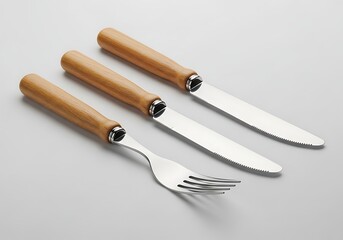 Fototapeta premium Set of three wooden handled knives and fork on gray surface