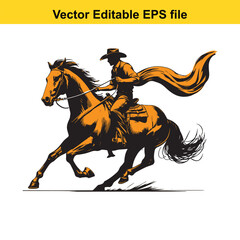 Cowboy Riding Horse Vector Illustration on White Background