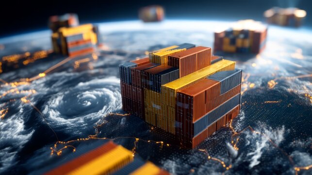 3D Abstract Composition of Global Freight Containers Over a Turbulent Ocean
