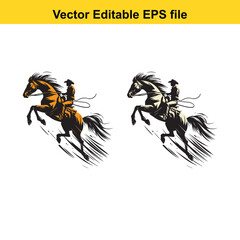 Cowboy Riding Horse Vector Illustration - Editable EPS