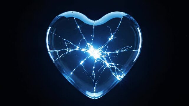 A transparent heart-shaped object emitting blue light, cracked with splinters around it on a dark background