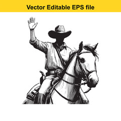 Cowboy Riding Horse Waving Hand Vector Illustration