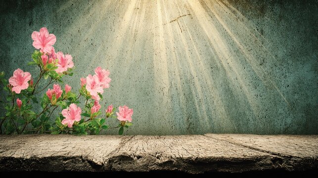 Blooming pink flowers rest upon a rustic wooden surface against a textured teal background illuminated by soft overhead light rays.