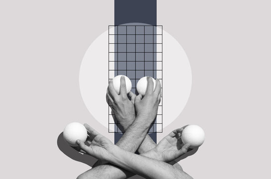Collage  with a male hands holding foam balls