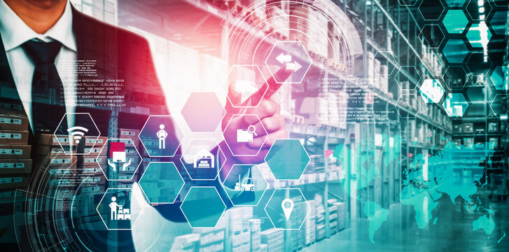 Smart warehouse management system with innovative internet of things technology to identify package picking and delivery . Future concept of supply chain and logistic network business .