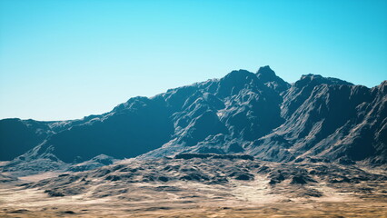 sunlit desert mountain under clear sky, panoramic view of rugged rocky peaks and dry scrub foreground, crisp turquoise atmosphere, high contrast shadows, vast