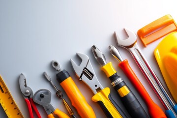 Obraz premium Aerial View of Organized Repair Tools in a Workshop Setting at Dawn