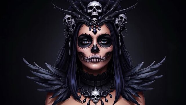 Ethereal Dark Enchantress: A mesmerizing portrait of a woman adorned in gothic attire and skull motifs, embodying an enigmatic persona with striking facial features and intricate details.