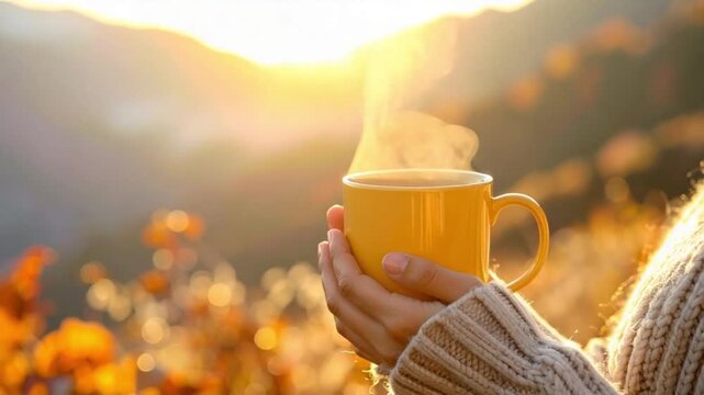 Hands holding steaming mug in warm golden light during sunrise or sunset