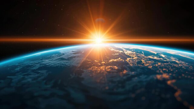 Sunrise over Earth: A breathtaking view of planet Earth from space, bathed in the radiant glow of a sunrise, a symbol of new beginnings and global unity.
