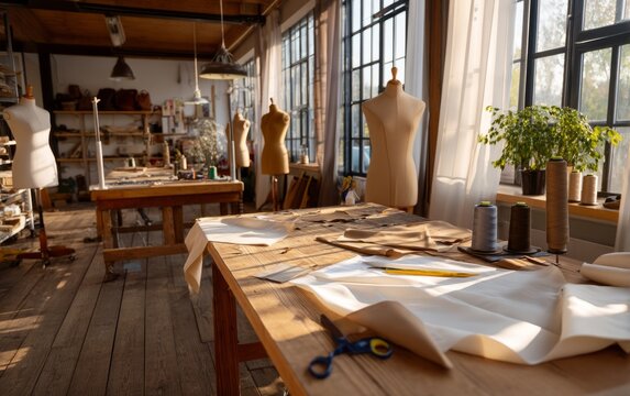 Cozy Tailor Shop in Late Afternoon with Fabric Offcuts and Natural Light