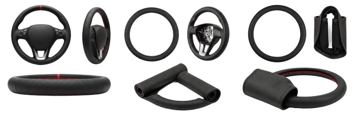 Set and collection of modern black leather steering wheels and protective steering wheel covers with red stitching in various angles for car interior styling isolated on white transparent PNG backgrou © masterimages