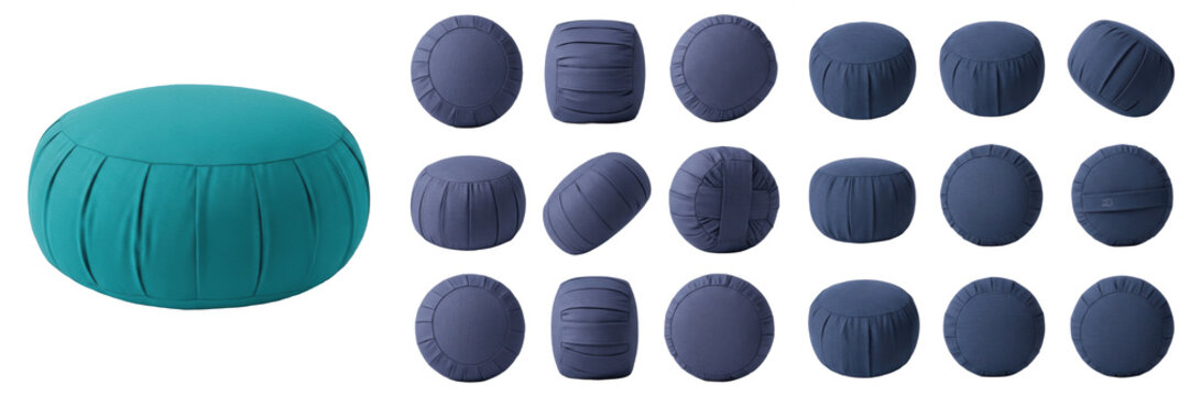 Set and collection of round pleated meditation cushions and yoga zafu pillows in teal and navy blue fabric for mindfulness practice and comfortable seating isolated on white transparent PNG background