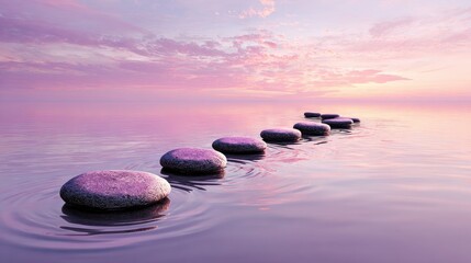 Stones in water leading to horizon at sunset peaceful serene landscape