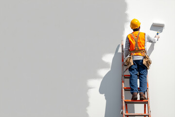Professional painter in a yellow hard hat and safety vest standing on a ladder and painting a large white wall with a roller. Construction, renovation, and repair concept