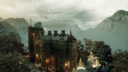 Naklejka premium Lanternlit castle courtyard glimmering under clouds, cobbled pathway, ornate gate and columns, warm window lights, trees and stone walls, cinematic evening