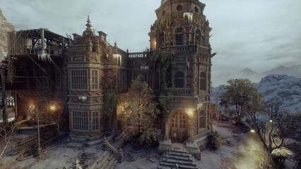 stone stairway lit by amber lanterns. narrow balustrade curling toward turret entrance, dusted steps, steam from nearby basin, messenger story implied © icetray