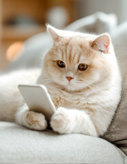 Cute British Shorthair cat sitting on a cozy sofa and using a smartphone. Funny domestic pet holding a mobile phone in its paws. Concept of technology, social media, and pets.