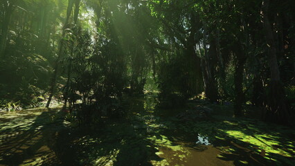 Obraz premium sunbeams piercing dense cypress canopy over shallow pools, glittering highlights on calm water, scattered leaves and damp understory, ethereal green glow