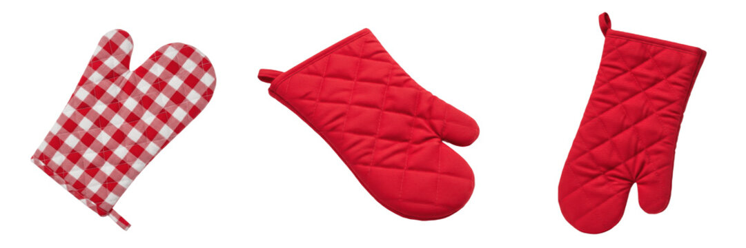 Set and collection of red heat-resistant kitchen oven mitts and quilted pot holders in solid colors and checkered patterns for cooking, baking, and kitchen safety isolated on white transparent PNG 