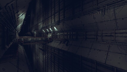Naklejka premium gleaming futuristic spacecraft corridor with illuminated panels, reflective hull plating, narrow aisle and maintenance drone performing hull survey