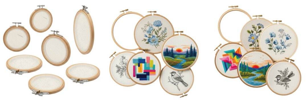 Set and collection of wooden embroidery hoops with blank fabric and colorful needlepoint designs featuring flowers, birds, and landscapes for hobby and craft projects isolated on white transparent PNG