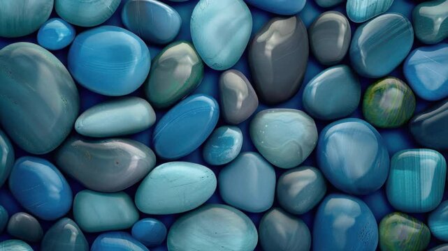Cobblestone Abstract: A mesmerizing arrangement of smooth, rounded cobblestones in various shades of blue, offering a serene visual experience. 
