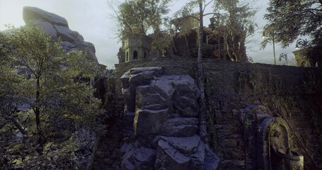 Stone watchtower terrace with warm glow from inside, circular turret and small garden terraces blend with rugged rock, intimate retreat setting for writer © icetray