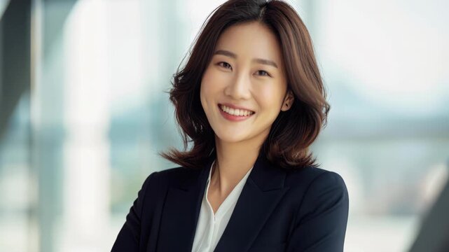 Sophisticated Professional Portrait: A portrait of a poised business woman, exudes confidence and approachability, exuding warmth and professionalism in a clean, modern setting.