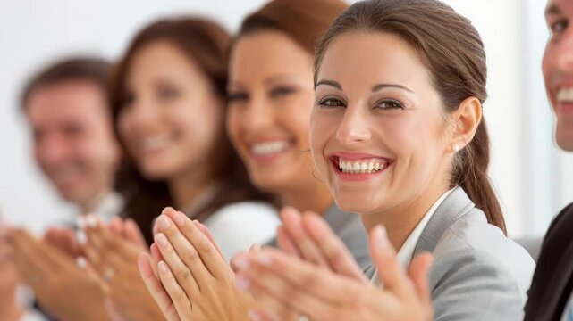 Enthusiastic Applause in Meeting: A group of business people, their faces lit with genuine smiles, clap and applaud in unison, showing appreciation and enthusiasm during the business meeting.