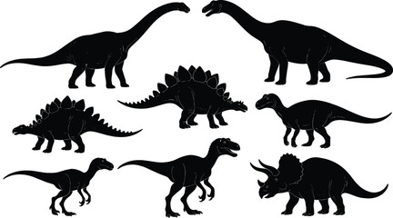 Dinosaur silhouettes collection including tyrannosaurus stegosaurus triceratops and sauropod isolated on white background prehistoric vector illustration set for design © Shariyar Pantho