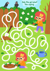 Fototapeta premium Garden maze with girl bringing baby plant to the flower bed. Simple labyrinth game. Spring country house printable activity or worksheet with gardener child doing gardening works