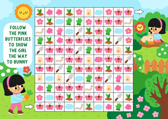 Fototapeta premium Garden maze, seek and find game with spring, summer landscape. Attention skills puzzle. Country house printable activity. Logical searching puzzle. Follow pink butterflies to show girl way to bunny