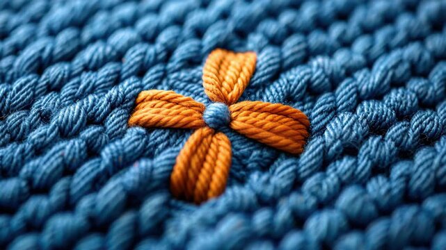 Embroidered Art: An intimate view of a meticulously crafted piece of textile art, where a vibrant orange cross adorns a deep blue backdrop.