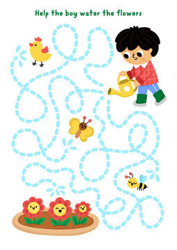 Garden maze with boy watering flowers. Simple labyrinth game. Spring country house printable activity or worksheet with gardener child doing gardening works, butterfly, bee, chick