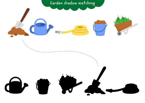 Garden shadow matching activity with gardening tools. Spring puzzle with spade, watering can, wheelbarrow, hose. Find correct silhouette printable worksheet, game, page for kids