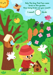 Obraz premium Vector searching and counting game with garden landscape, boy building birdhouse, trees, fence. Find two same birds. Spot hidden objects. Rural seek and find printable activity for kids