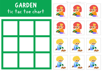Fototapeta premium Vector garden tic tac toe chart with kids gardeners. Spring board game playing field with cute characters. Funny printable worksheet. Noughts and crosses grid with boy, girl planting seed