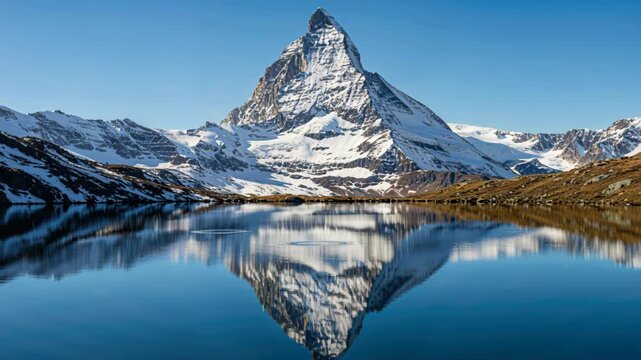 Majestic Mountain Reflection: The iconic Matterhorn peak stands tall, its snow-covered slopes mirrored in the tranquil waters of a serene lake under a clear, azure sky.