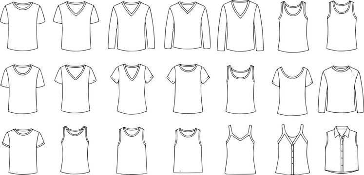 Collection of flat fashion of men's and women's tops including t-shirts and tank tops
