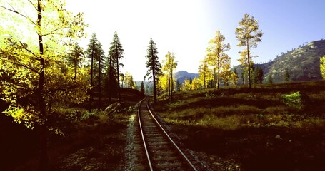 Fototapeta premium Rail tracks winding through sunlit meadow toward distant mountains, vintage atmosphere with wooden sleepers and overgrown verge, warm late afternoon glow, sense