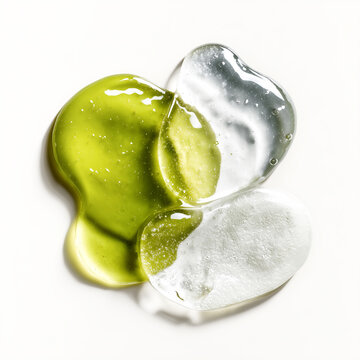 Green mugwort gel cleanser texture and white foam on white background. Soothing facial wash for sensitive skin with artemisia. Organic beauty product mockup for skincare branding