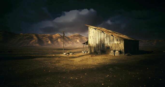 twilight sentinel shack guarding empty plain, weathered exterior bathed in narrow beam of light, towering clouds and distant ridge, cinematic isolation